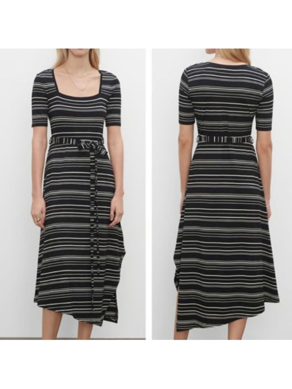 ✅ Club Monaco Black White Striped Midi Dress with Tie Waist & asymmetrical hem L